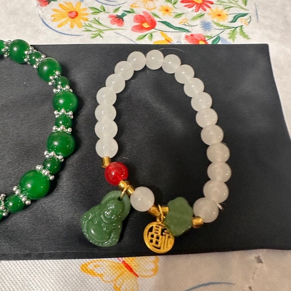 Green and White Beaded Bracelets with Glass Charms - Picture 2 of 3